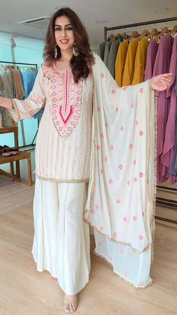 Raw Silk Ivory Pink Embroidered Sharara Set