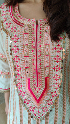 Raw Silk Ivory Pink Embroidered Sharara Set - view 2