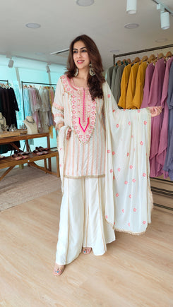 Raw Silk Ivory Pink Embroidered Sharara Set - view 3