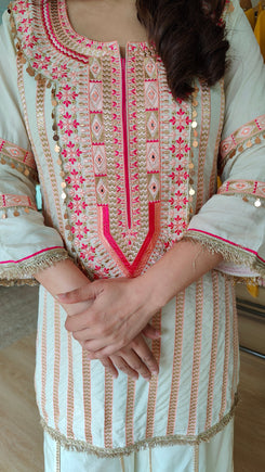 Raw Silk Ivory Pink Embroidered Sharara Set - view 5