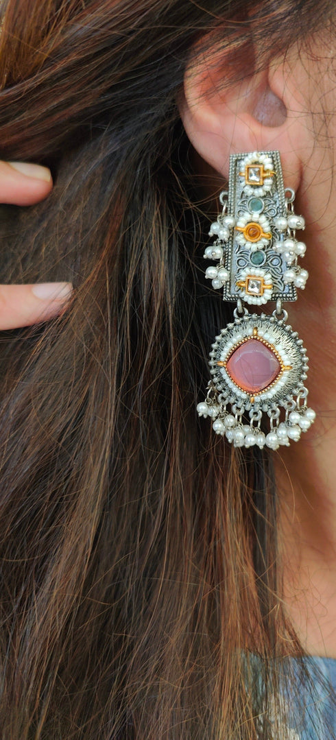 Rectangular Handcrafted Pink Stone Drop Earrings