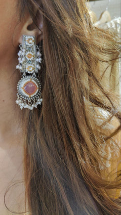 Rectangular Handcrafted Pink Stone Drop Earrings - view 2