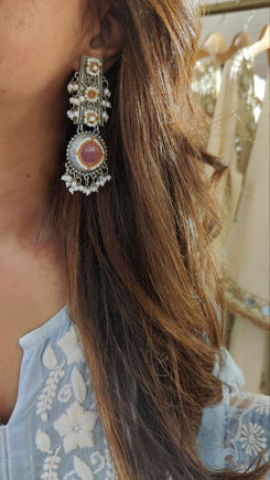 Rectangular Handcrafted Pink Stone Drop Earrings - view 5