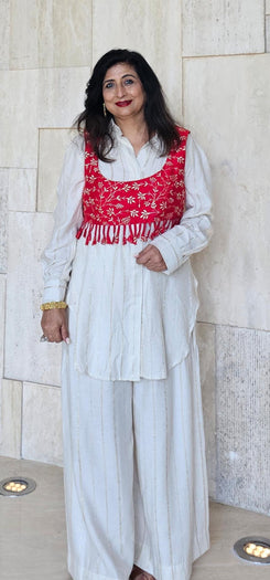 Red and Off White Koti Pathani Set - view 11