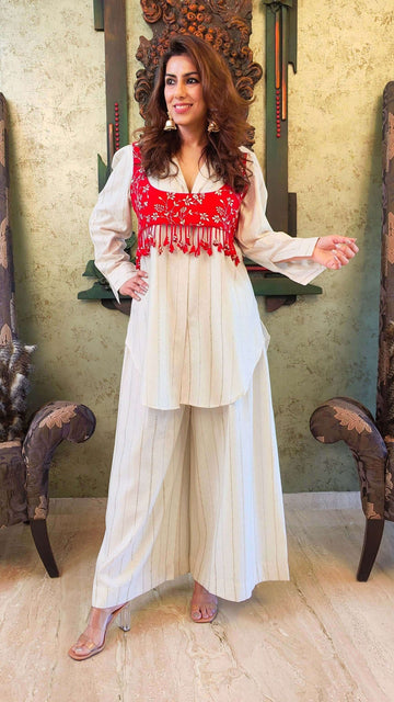 Red and Off White Koti Pathani Set