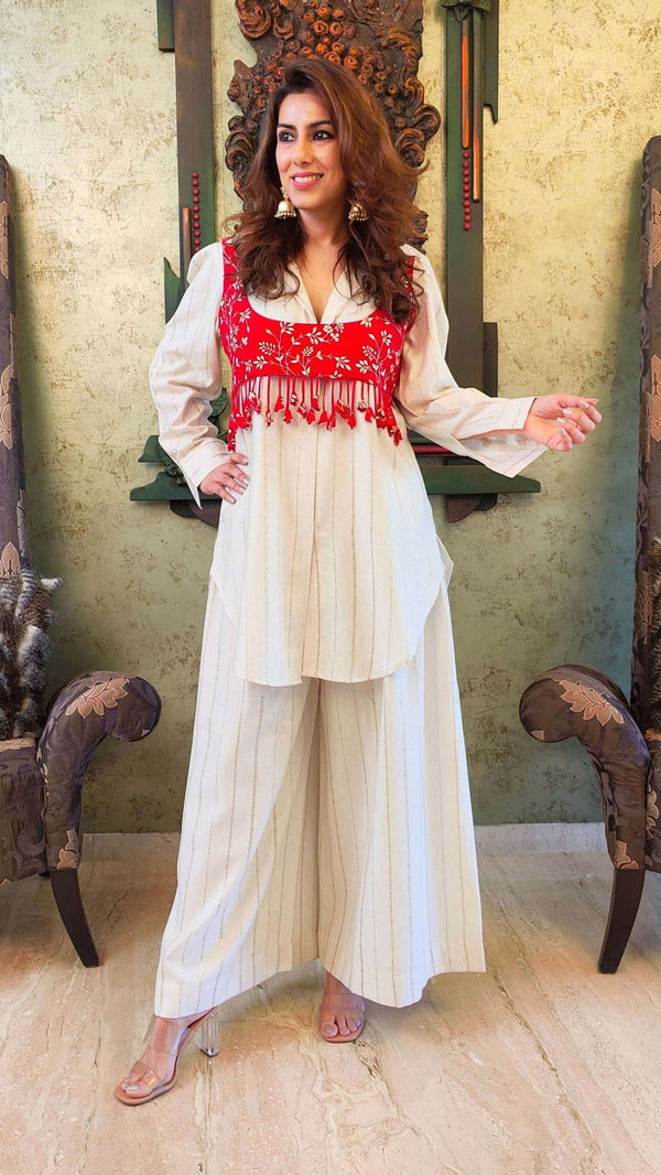Red and Off White Koti Pathani Set