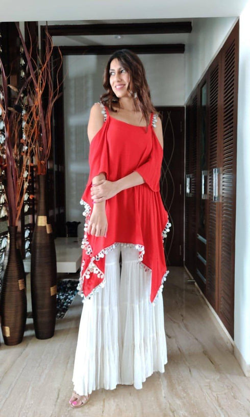 Red and White Sharara Set