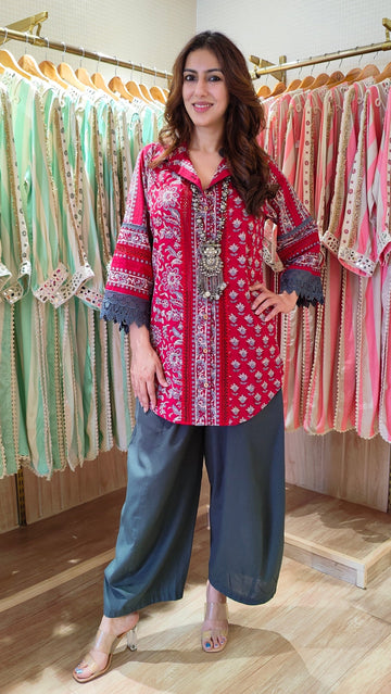 Red Grey Jaipuri Print With Lace Top and Pant
