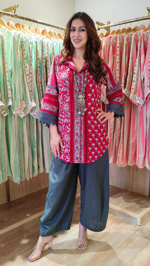 Red Grey Jaipuri Print With Lace Top and Pant