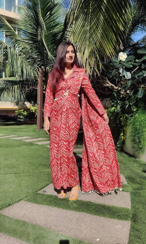 Red Shell Skirt Sari - Two Piece Set