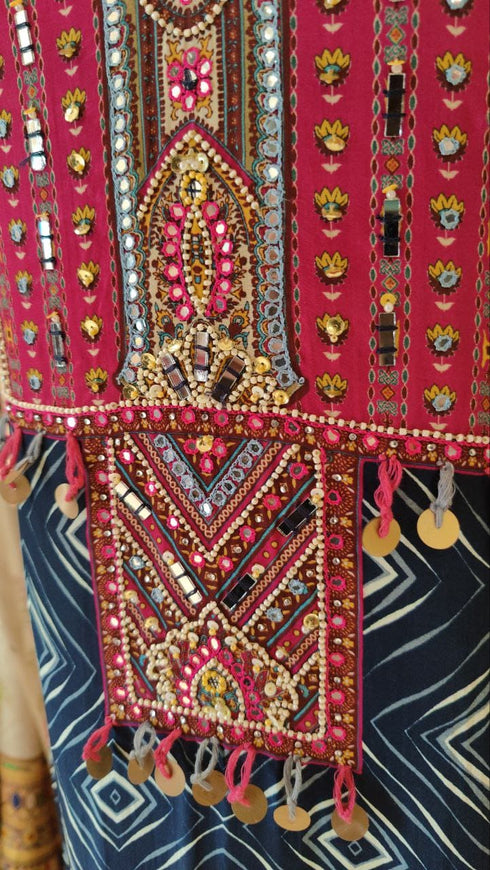 Bandhej Blue Pink Kaftan - Hand Embroidered