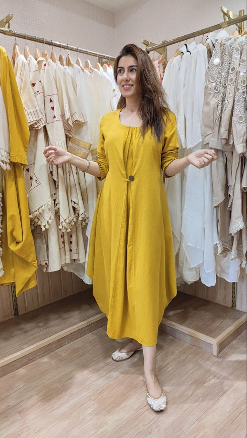 Mustard Yellow Indowestern DrapeDress for Women