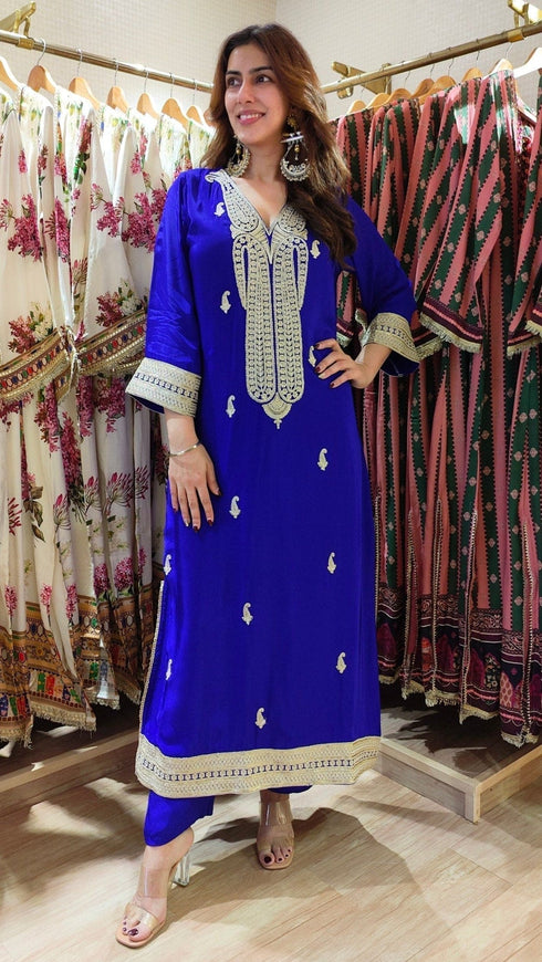 Embroidered Blue Long Yoke Kurta with Pant