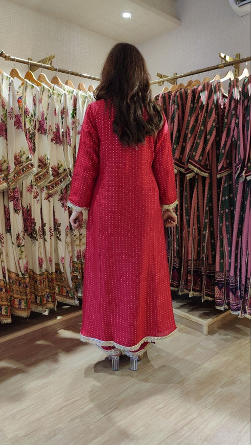 Sabya Red Long Kurta with Pant - Jacquard Silk