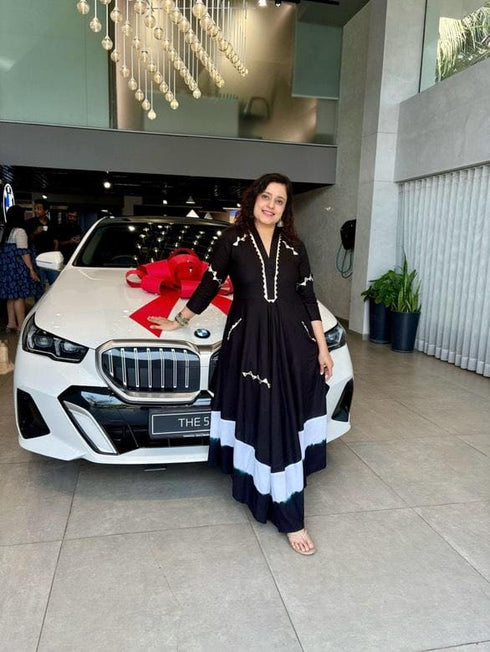 (Madhuri Dixit) Black Leather Patchwork Dress