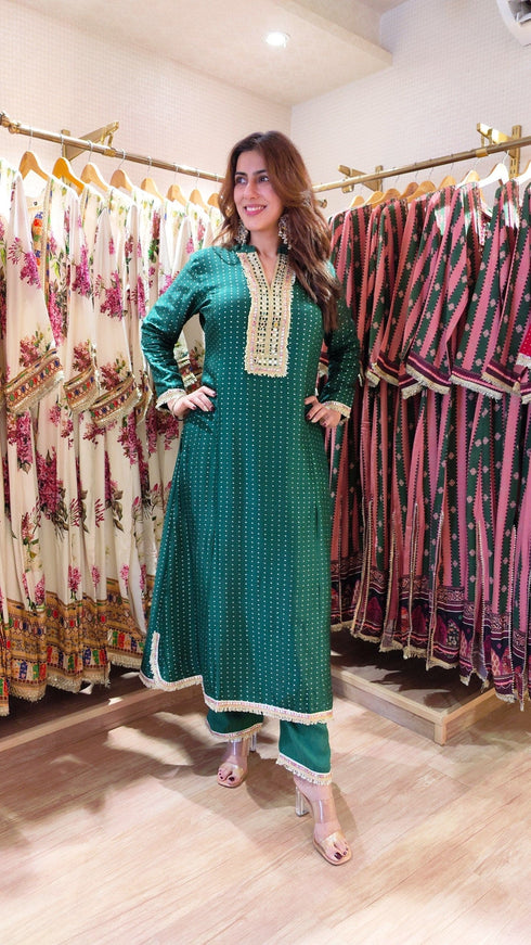 Emerald Green Long Kurta with Pant - Jacquard Silk