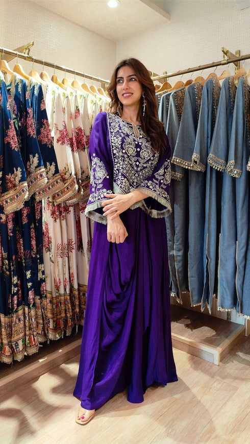 Purple Drape Skirt Set with Embroidered High-Low Top