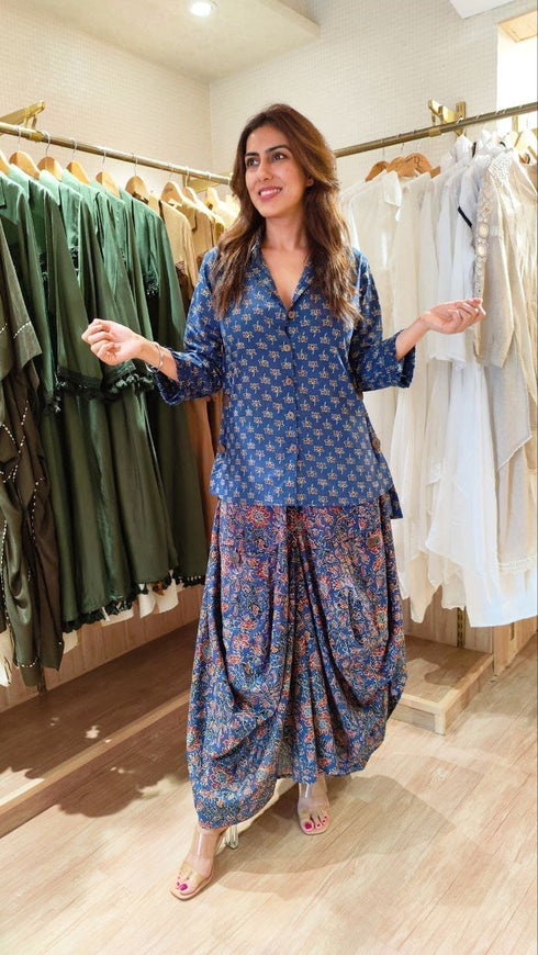 Jaipuri Blue Drape Skirt Set For Women