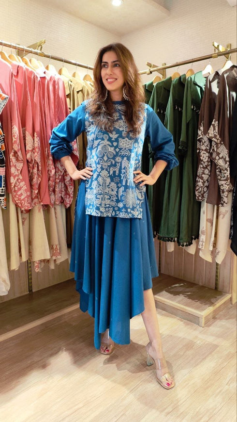 Panihari Blue High Low Kurta with Ghera Skirt