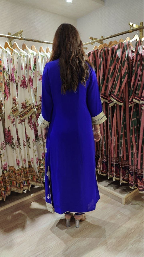 Embroidered Blue Long Yoke Kurta with Pant