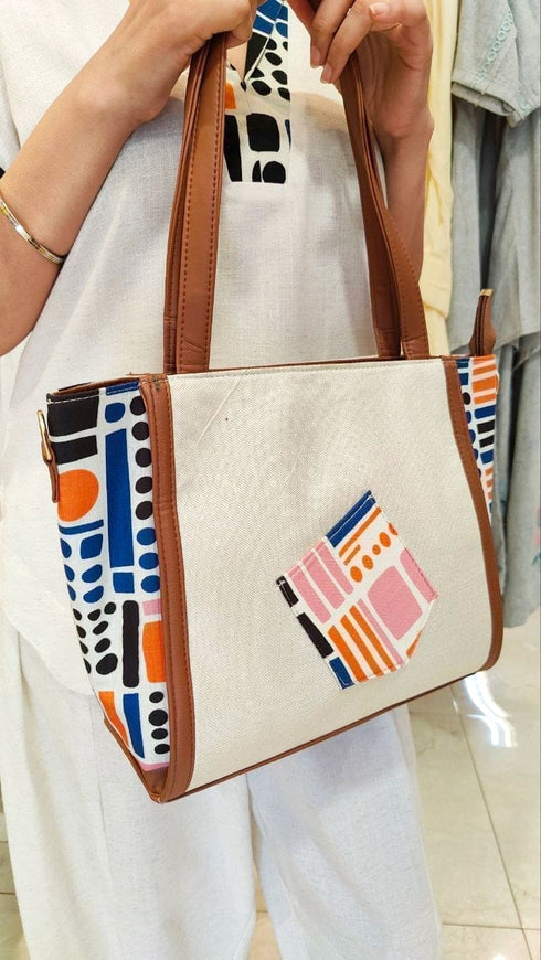 (DivyankaTripathi) Three Piece Off-White Drape Pant Set with Handbag