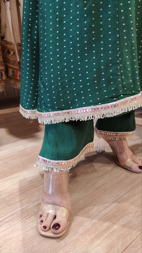 Emerald Green Long Kurta with Pant - Jacquard Silk