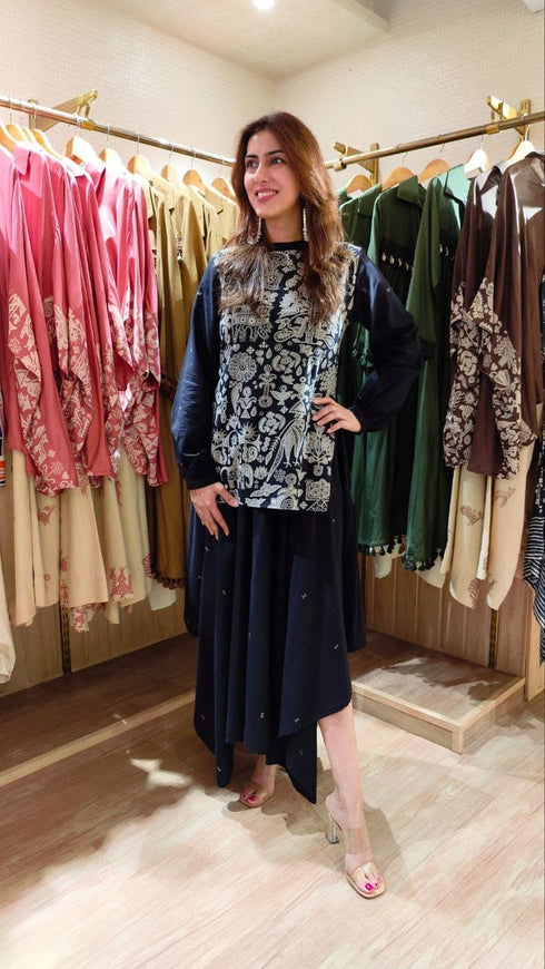 Panihari Black High Low Kurta with Ghera Skirt
