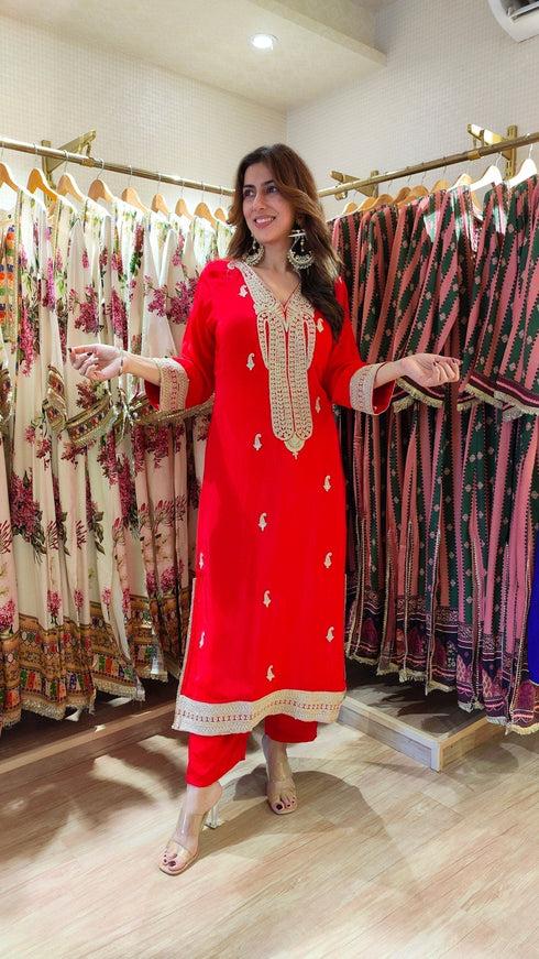 Embroidered Red Long Yoke Kurta with Pant