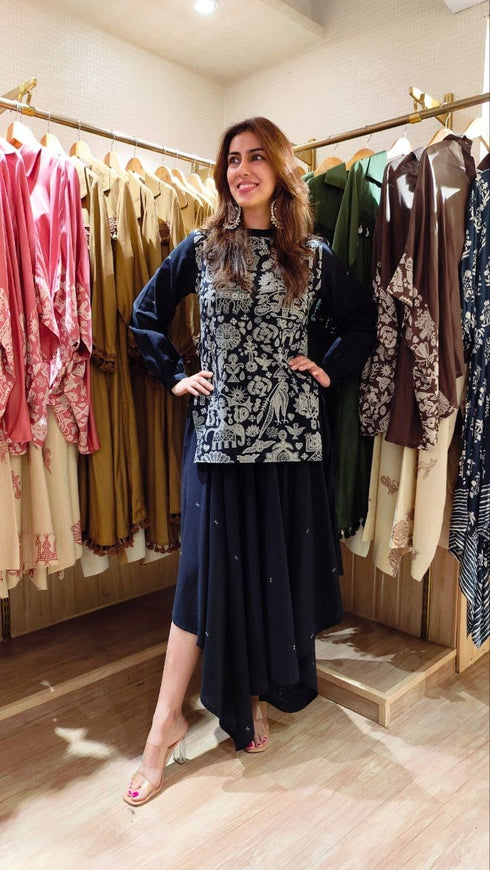 Panihari Black High Low Kurta with Ghera Skirt