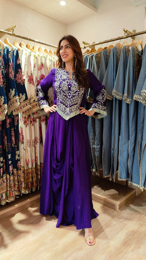 Purple Drape Skirt Set with Embroidered High-Low Top