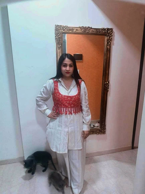 Red and Off White Koti Pathani Set