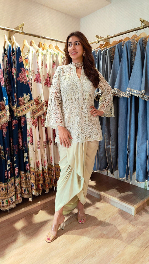 Green Cutwork Kurta with Dhoti and Singlet