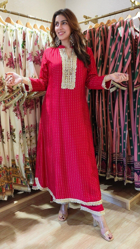 Sabya Red Long Kurta with Pant - Jacquard Silk
