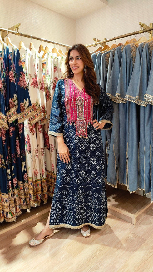 Bandhej Blue Pink Kaftan - Hand Embroidered