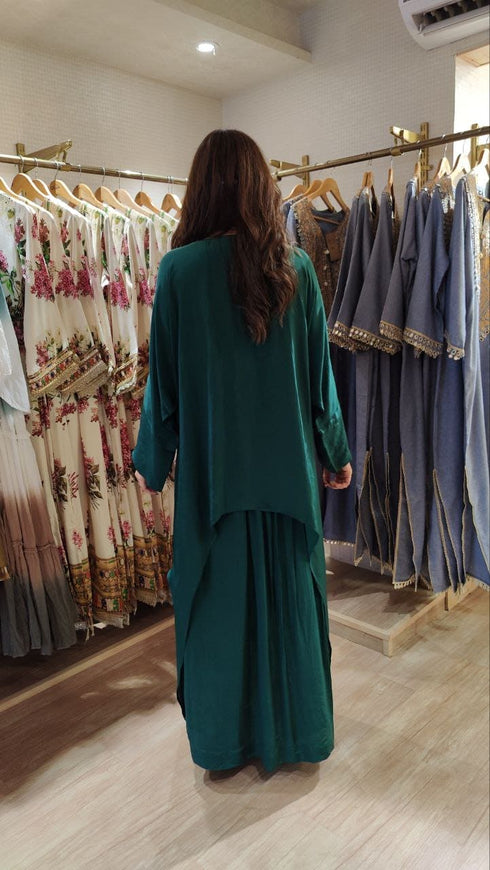 Embroidered Green Kaftan Top with Drape Lungi Skirt