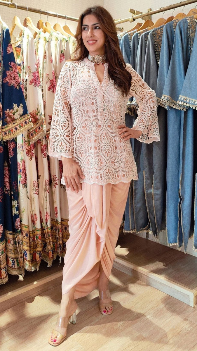 Pink Cutwork Kurta with Dhoti and Singlet – Label DC