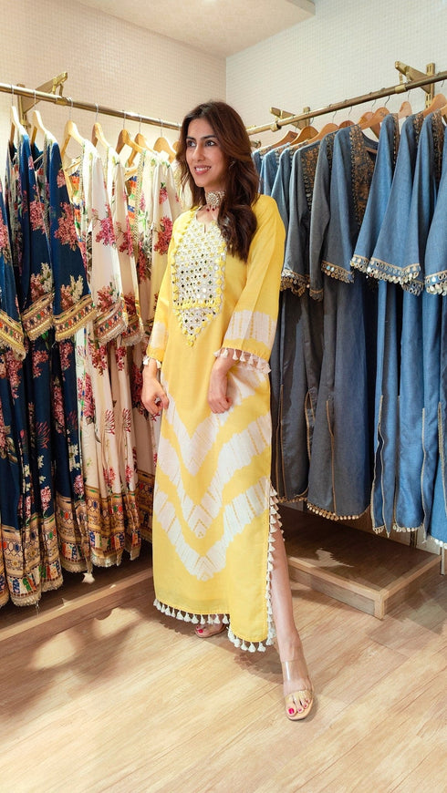 Leheriya Yellow Mirrorwork Kaftan Dress