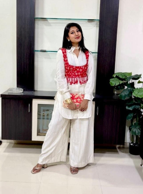 Red and Off White Koti Pathani Set