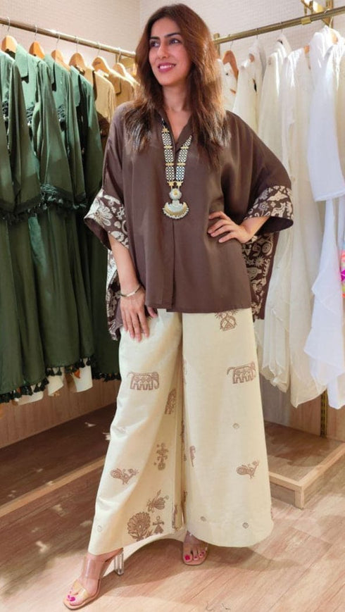Brown Cream Kaftan Coord Set