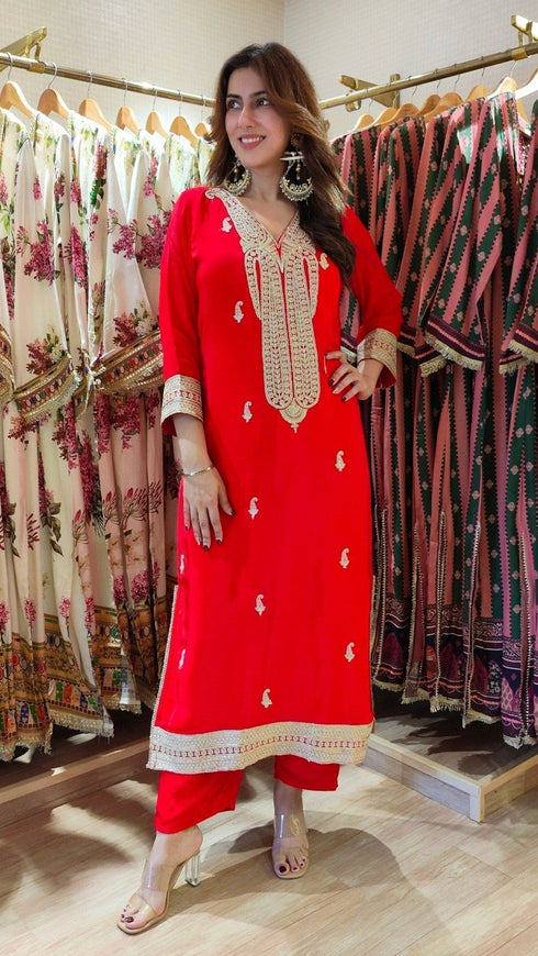 Embroidered Red Long Yoke Kurta with Pant