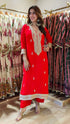 Embroidered Red Long Yoke Kurta with Pant