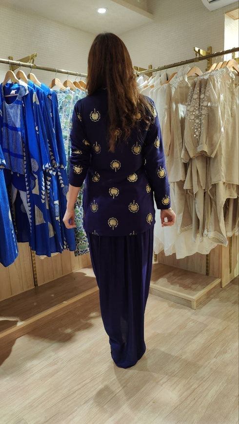 Gold Blue Short Kurta with Dhoti Skirt