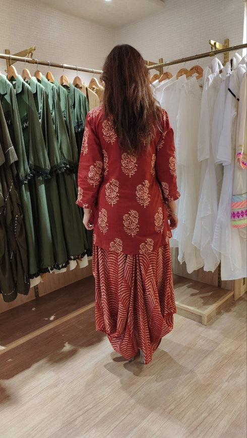 Jaipuri Maroon Drape Skirt Set For Women