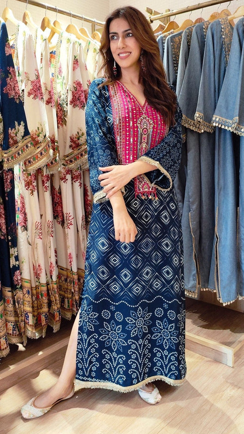 Bandhej Blue Pink Kaftan - Hand Embroidered