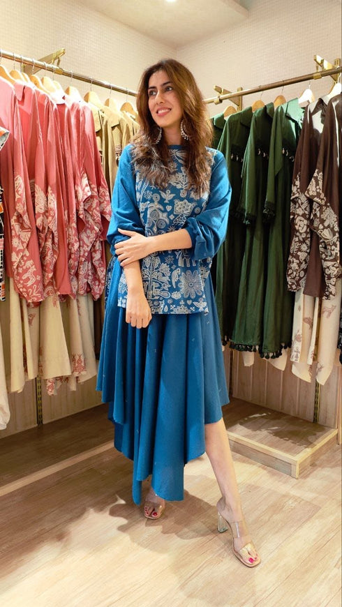 Panihari Blue High Low Kurta with Ghera Skirt