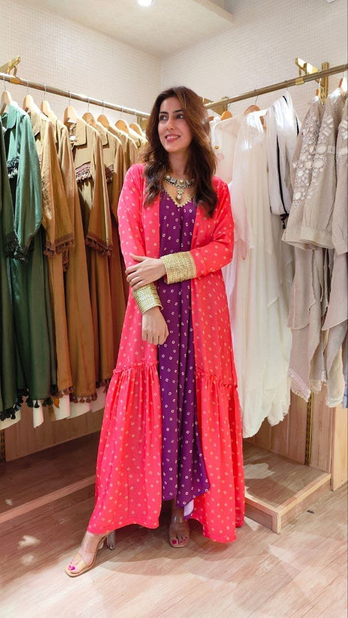 Bandhini High Low Dress with Long Cape