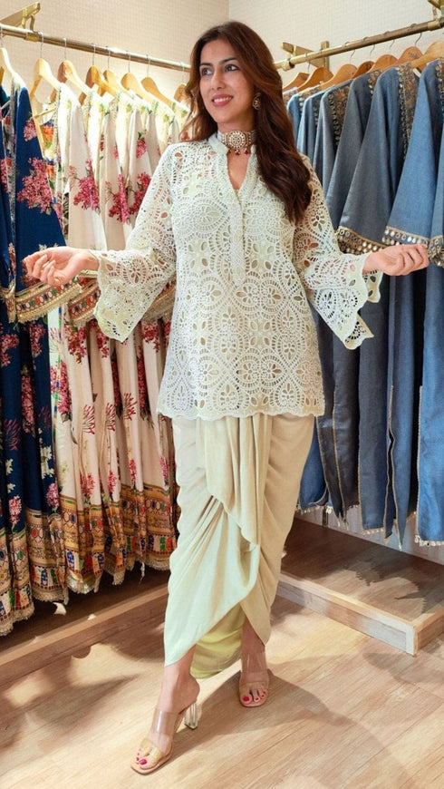 Green Cutwork Kurta with Dhoti and Singlet