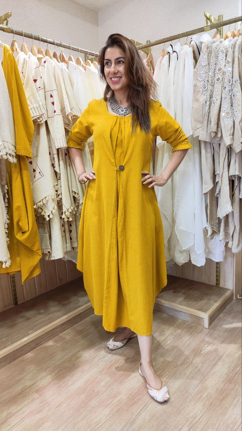 Mustard Yellow Indowestern DrapeDress for Women