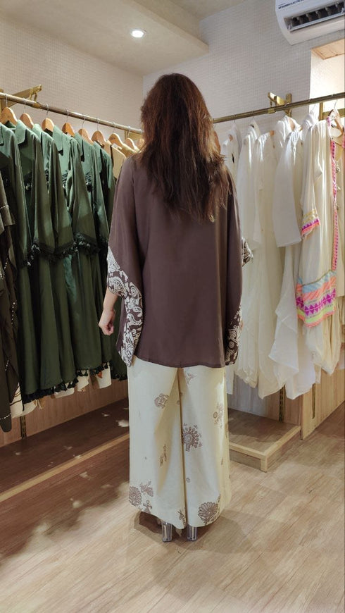 Brown Cream Kaftan Coord Set