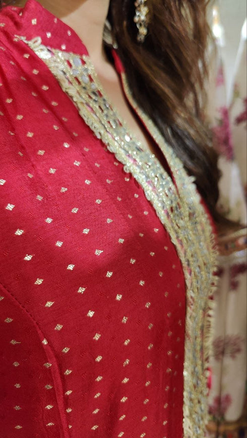 Sabya Red Long Kurta with Pant - Jacquard Silk